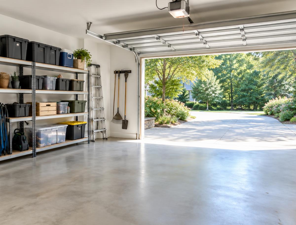 A clear, organized garage, illustrative image and not a completed Stack N Go job